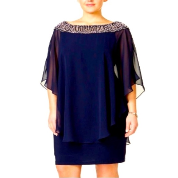 Xscape Embellished Chiffon Cape Dress Navy Size 14W